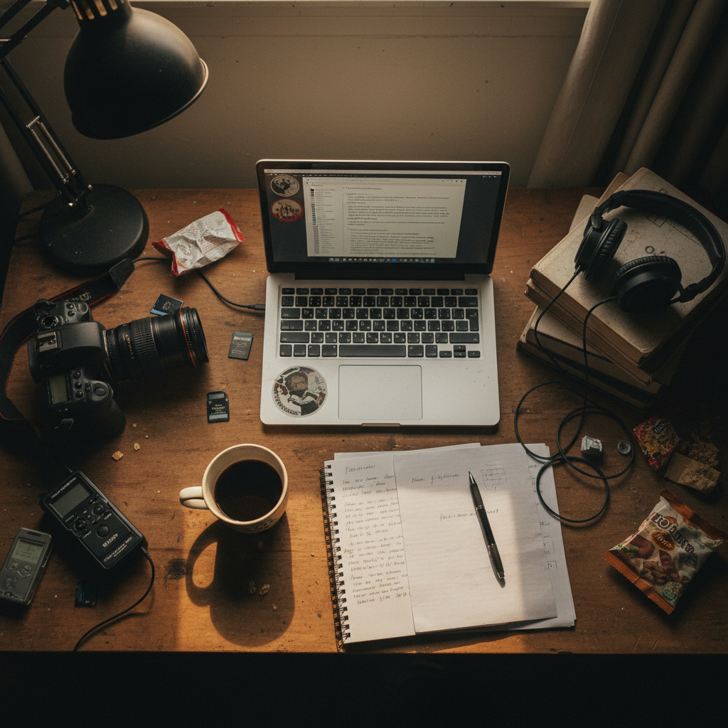 A bird's eye view of a journalist's dimly lit workspace featuring a camera, a cup of coffee, a laptop, a pen, a few notepads, and headphones. The setting should look authentic and lived-in, not too polished.